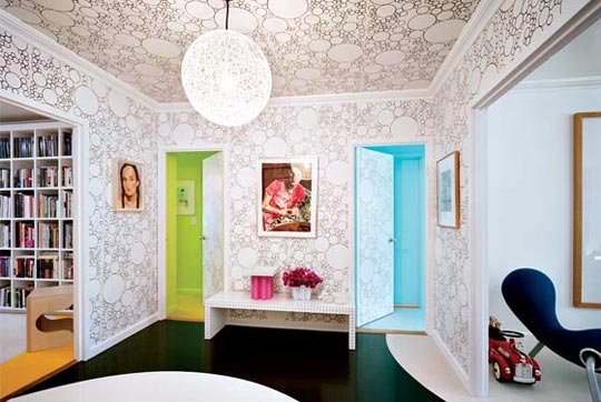 wallpapering ceiling. Wallpaper can hide flaws or define odd shaped areas. Images via.